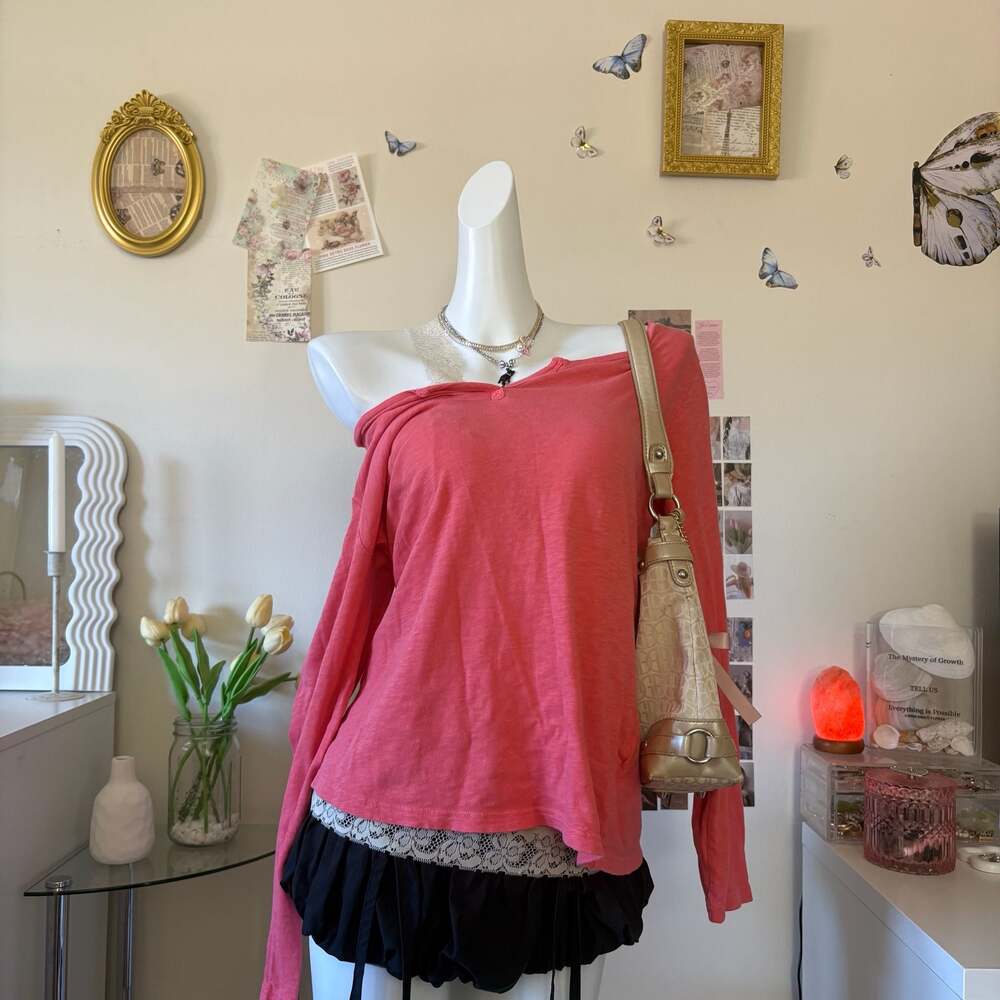GAP Vintage Y2K Neon Coral Pink Off Shoulder Long Sleeve Shirt Women Size Large